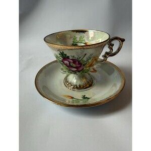 VTG Sterling China Japan Birth Month-August Poppy Iridescent Teacup‎ & Saucer